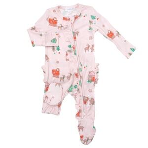Angel Dear Christmas 2 Way Ruffle Zipper Footie - Gingerbread Sleigh Pink, 3-6M